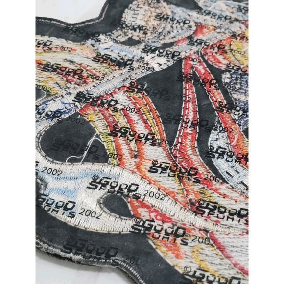 FLAMING SKELETON MOTORCYCLE RIDER EMBROIDERED IRON ON PATCH - 12" W x 9" H - Picture 5 of 6